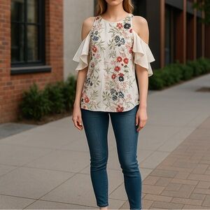 Embroidered flowers cold shoulder top size Small, NWOT